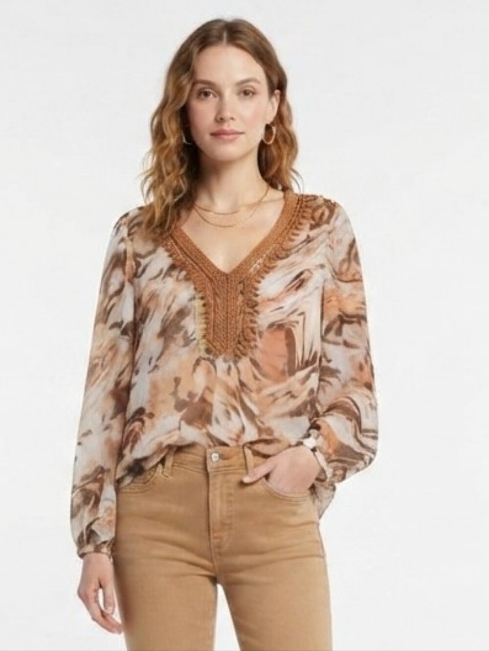 NWT Monorello Boho Sheer Abstract Print Crocget Trim Tunic Blouse Brown & Ivory
